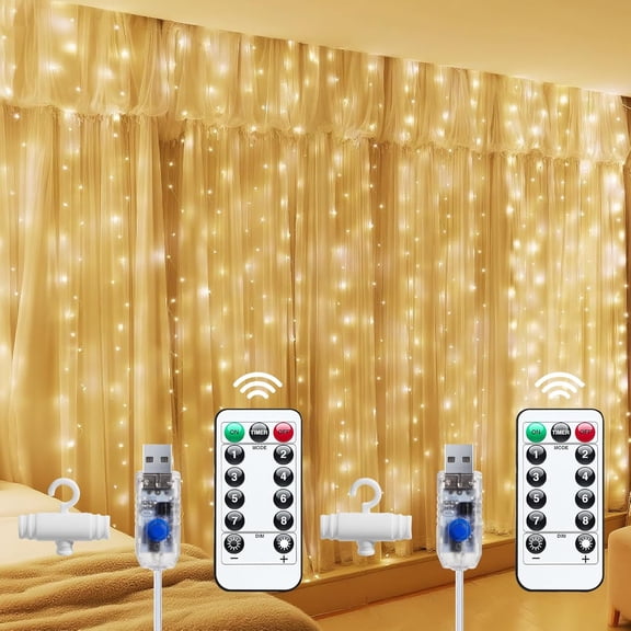300 LED Fairy Curtain Lights, 9.8ft x 9.8ft Curtain String Lights, USB Plug in 8 Lighting Modes LED Christmas String Hanging Lights with Remote for Bedroom Indoor Outdoor Weddings Party Xmas