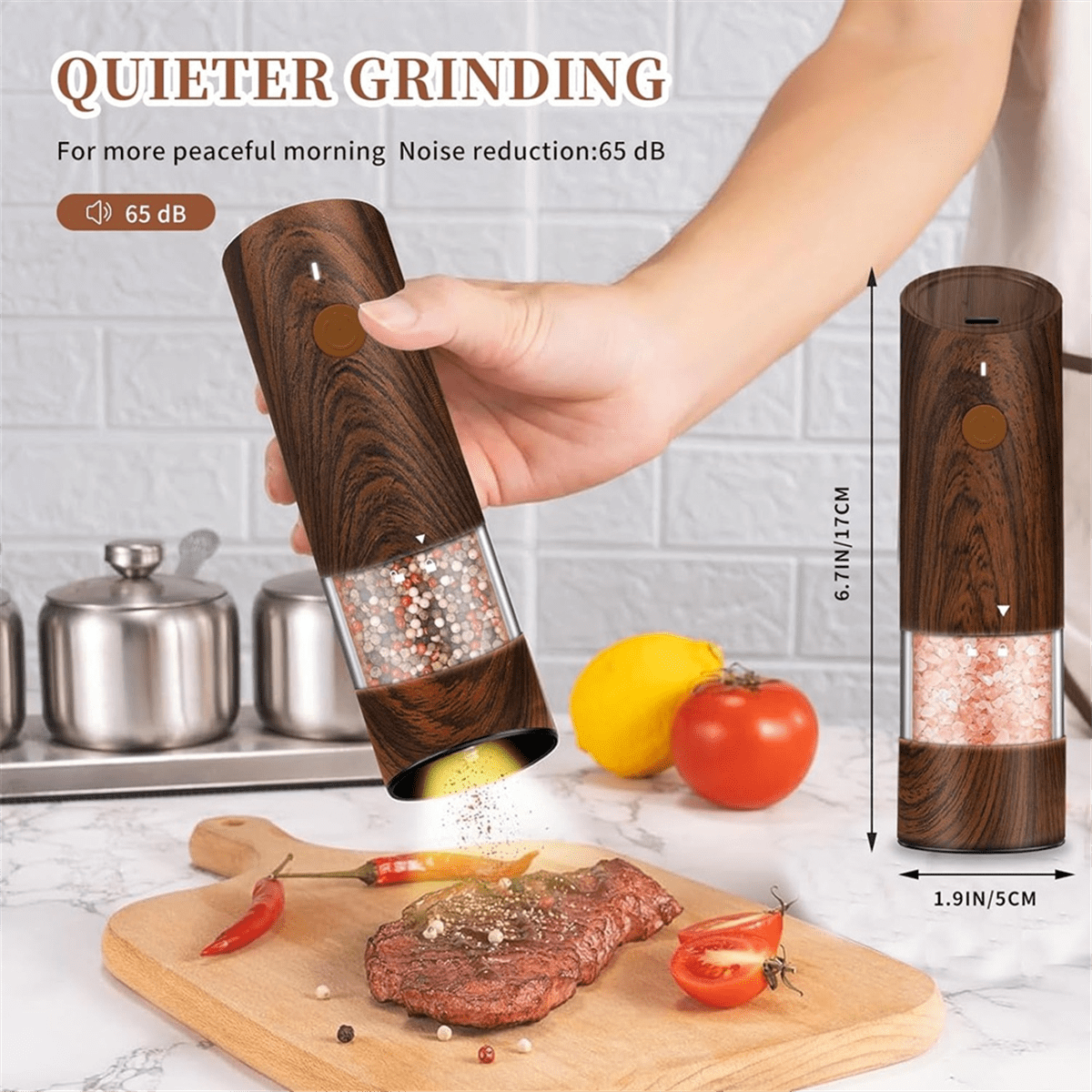 Electric Salt and Pepper Grinder Set-Automatic Pepper and Salt Grinder Refillable with 6Adjustable Coarseness Adjustable