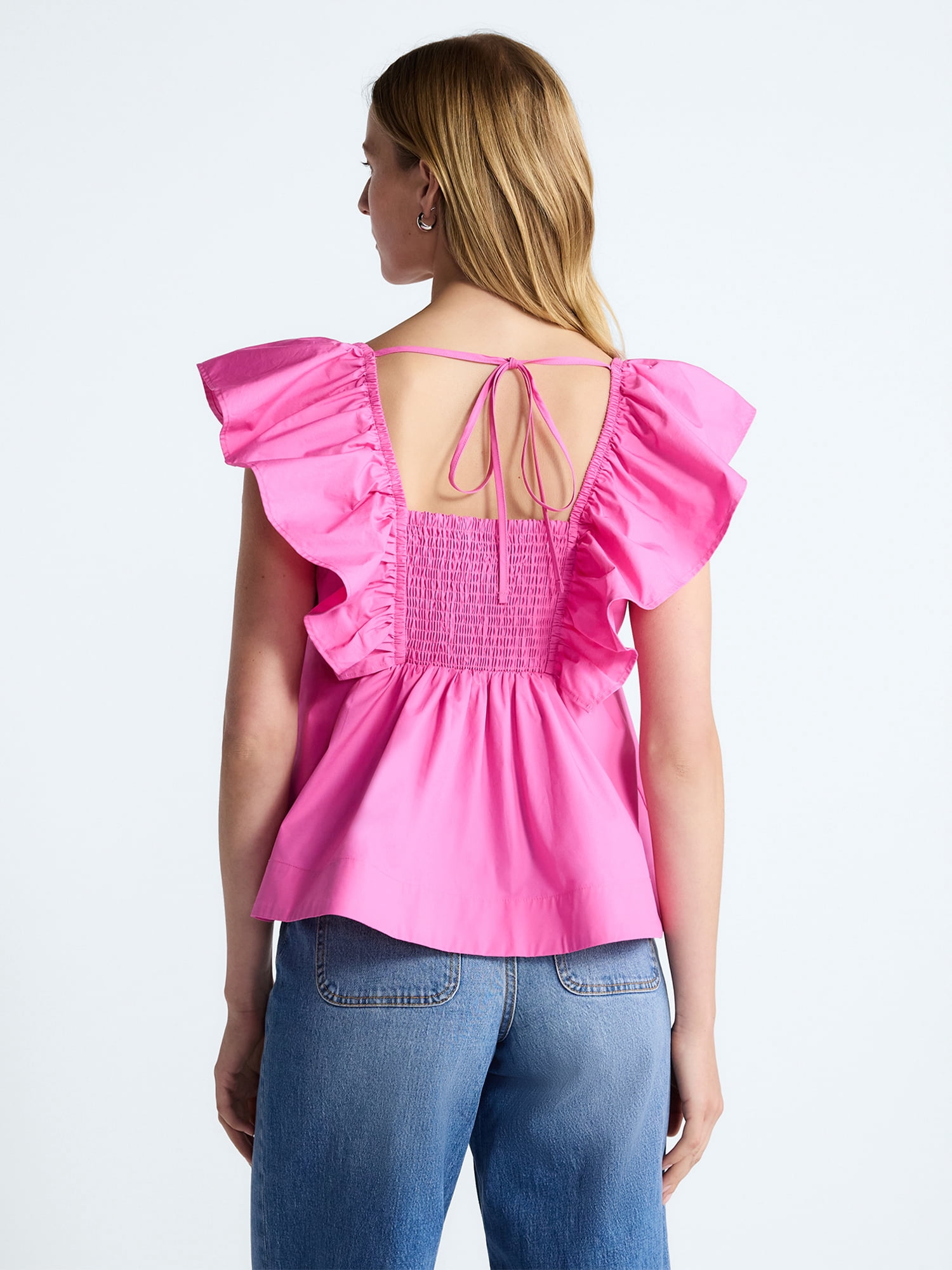 Free Assembly Women's Square Neck Cotton Top with Flutter Sleeves, Sizes XS-XXL