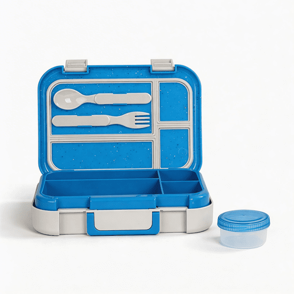 Mainstays Kids 4-Compartment Plastic Bento Box with Removable Tray, Fork, Spoon, and Dressing Container, Blue Splash and Gray