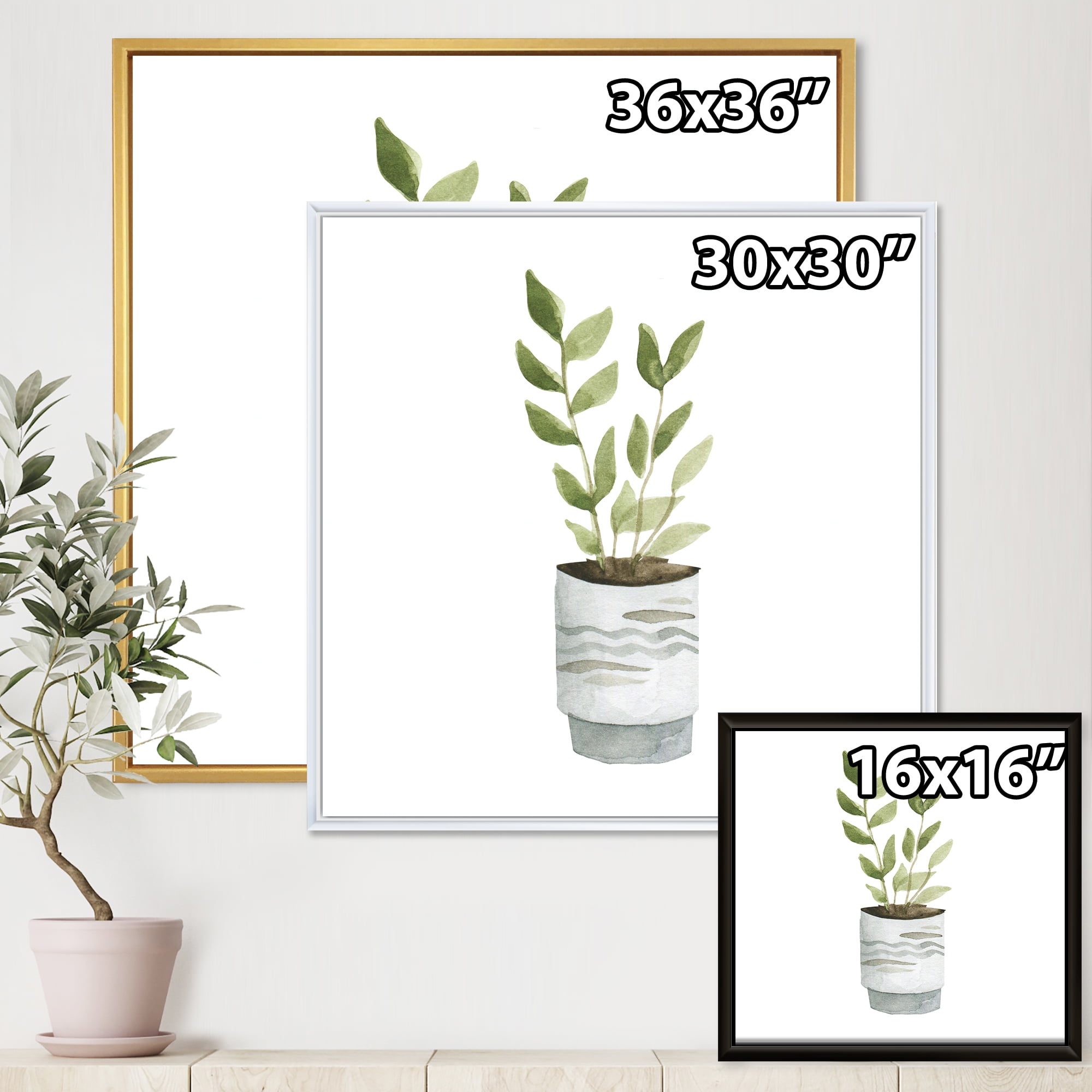 Designart 'Indoor Green Home House Plants in Pots II' Traditional Framed Canvas Wall Art Print