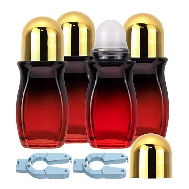Juego de 4 Roll-On de 50 Ml, Desodorante Roll-On de Vidrio Rojo Degradado con Abridor, Color Dorado.
