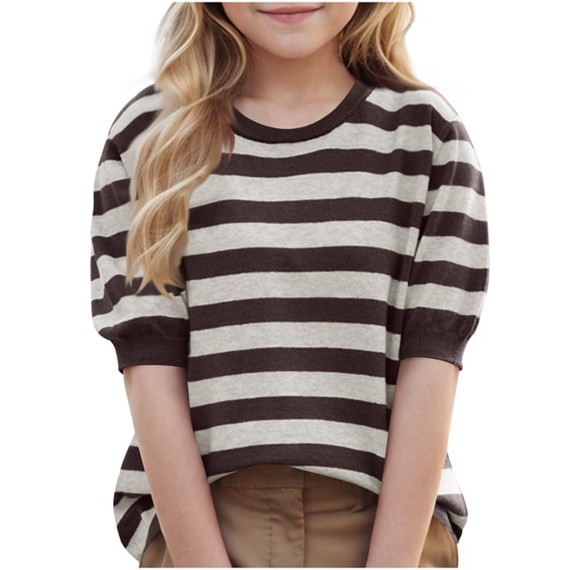 Posijego Girls Short Sleeve Sweater Tops Striped Color Block Knit Pullover Sweaters Loose Casual T-Shirts