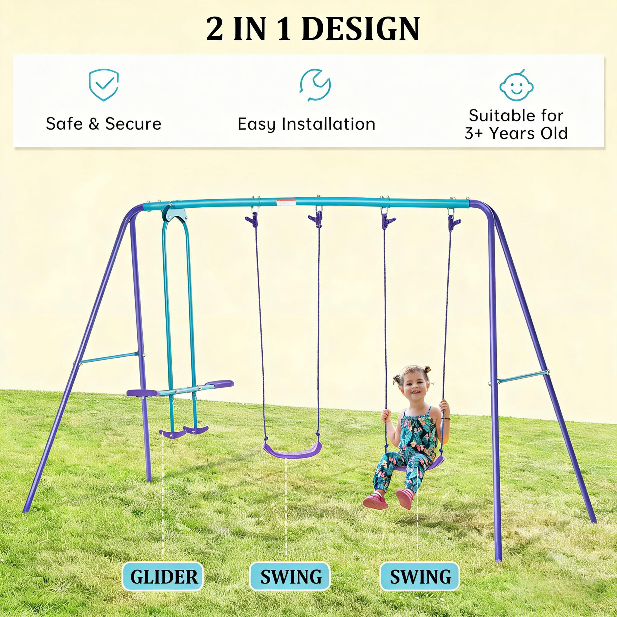 Kids Swing Set 2 Swing Seats + Glider 396 lbs Capacity A-Frame Steel for Backyard Ages 3+