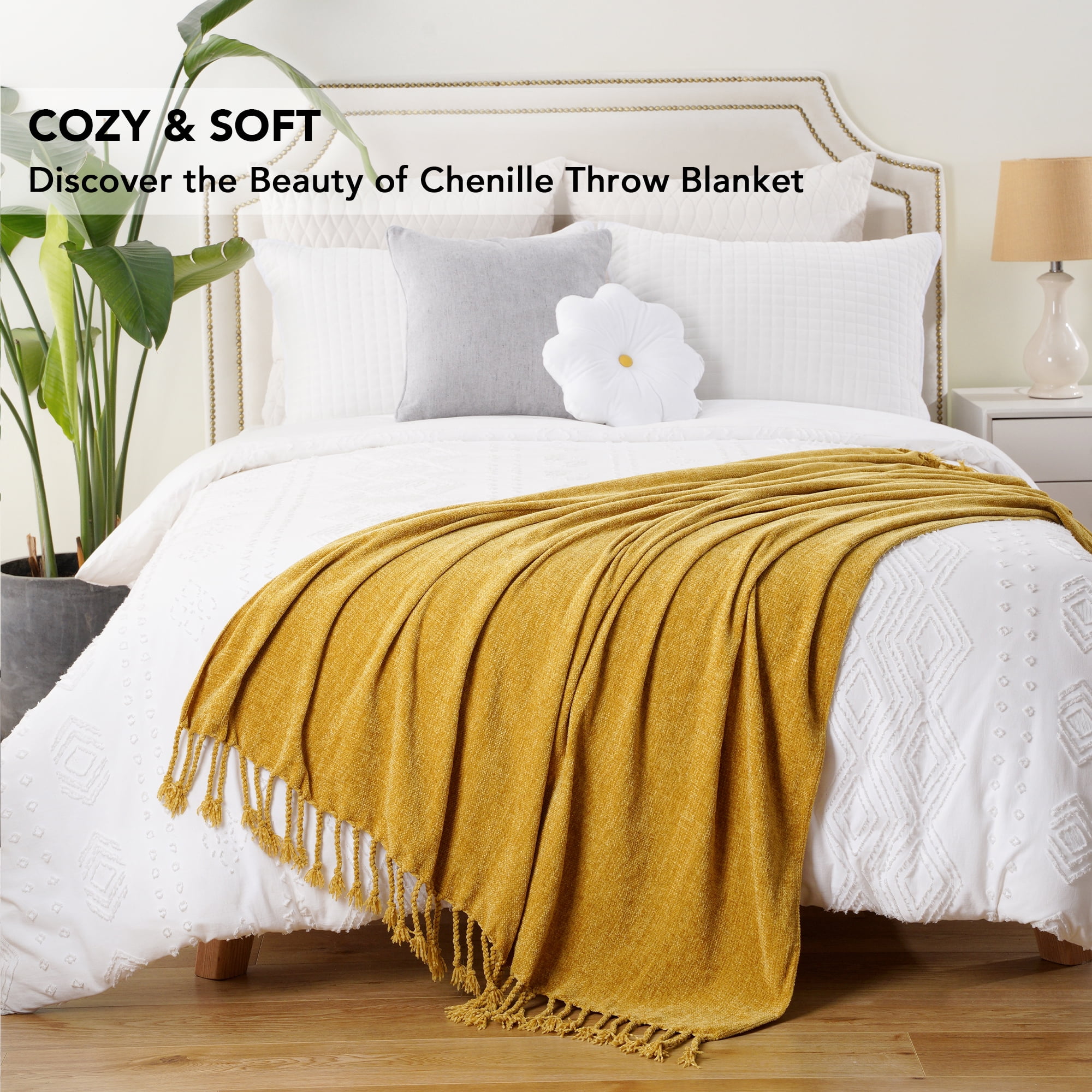 Battilo Mustard Yellow Chenille Throw Blanket,Decorative Fringe Velvety Gold Blanket for Home Decor,50"x60"