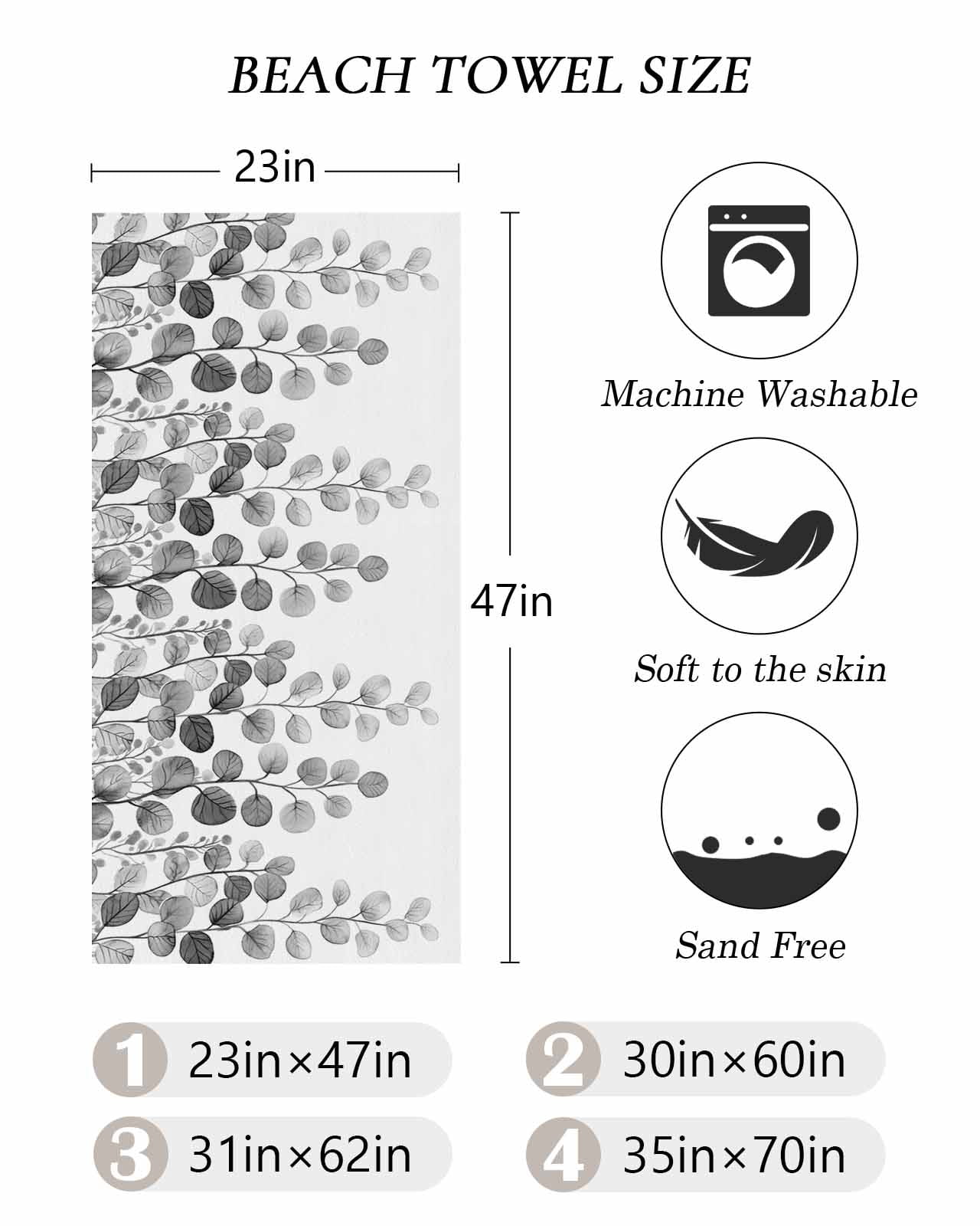 Gray Eucalyptus Leaves Beach Towels Oversized Super Absorbent, Watercolor Floral Leaf Plants Lightweight Bath Towel Quick Dry Sets For Bathroom/Pool/Rv Camping/Beach Play/Gym Room/Picnic 31"x62"