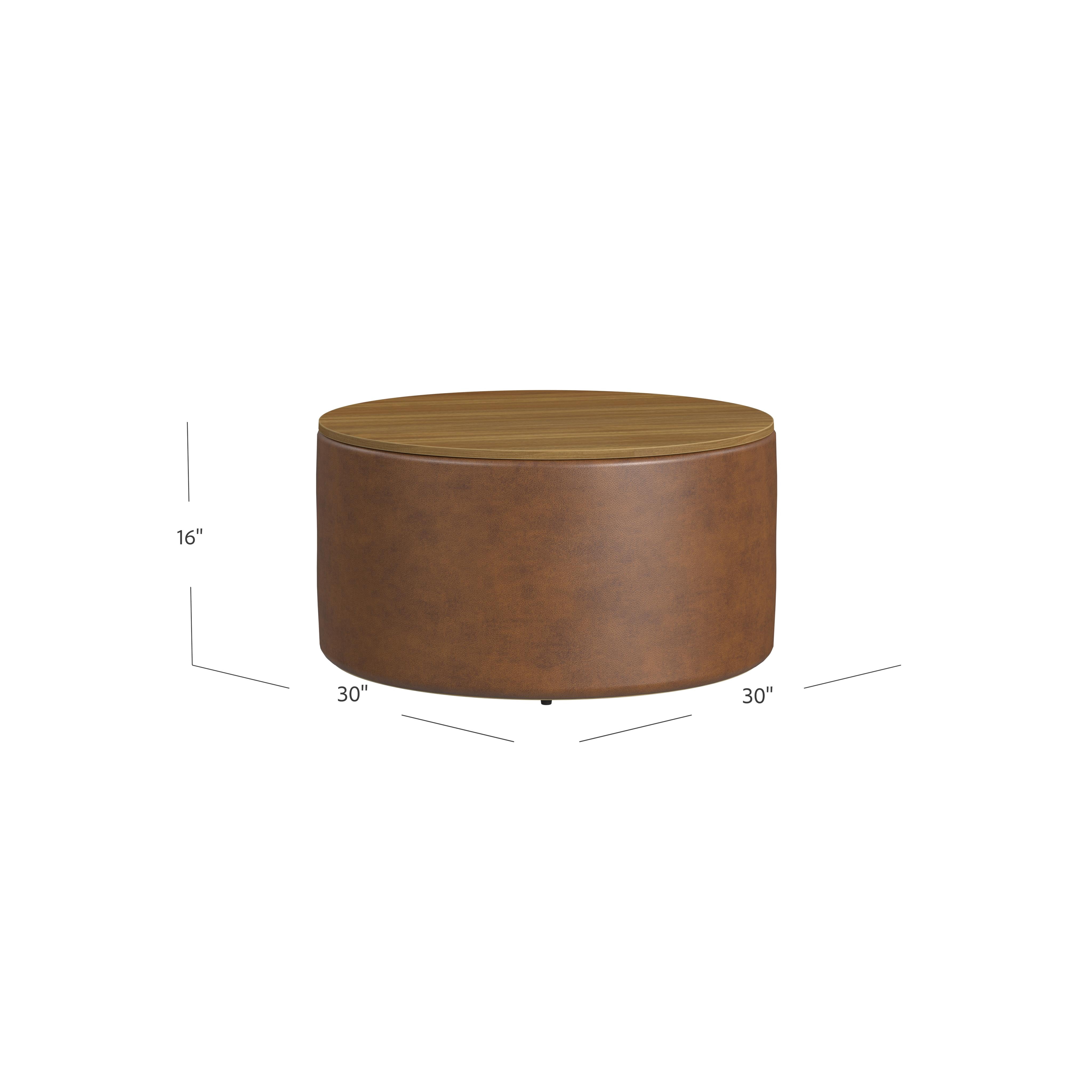 HomePop Large Modern Round Storage Ottoman with Wood Lift-Top Lid, Brown Faux Leather/Honey Oak
