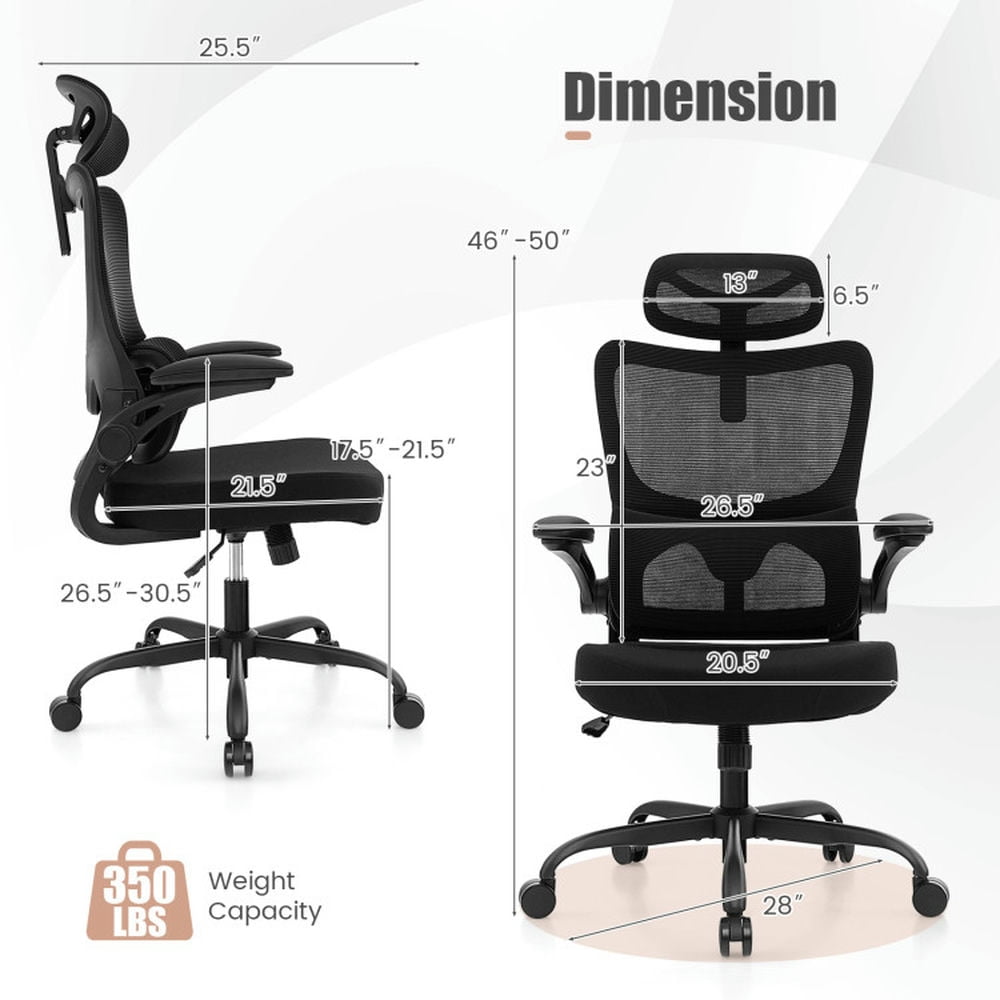 Demi Bonn Mesh Office Chair with Adaptive Lumbar Support Flip-up Armrests, Reclining Backrest, Rolling Work Computer Desk Chair, Black