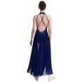 thumbnail image 3 of TiaoBug Women Rhinestones Halter Split Lyrical Dance Dress Contemporary Dancewear Navy Blue S, 3 of 7
