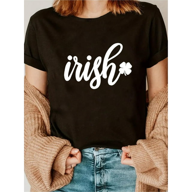 1pc Simple Letter Print Women'S Versatile Casual Sports Short Sleeve T-Shirt for St. Patrick'S Day Tee For Adult, Men, Women, Teen, Teenager, Adolescent, Youth.