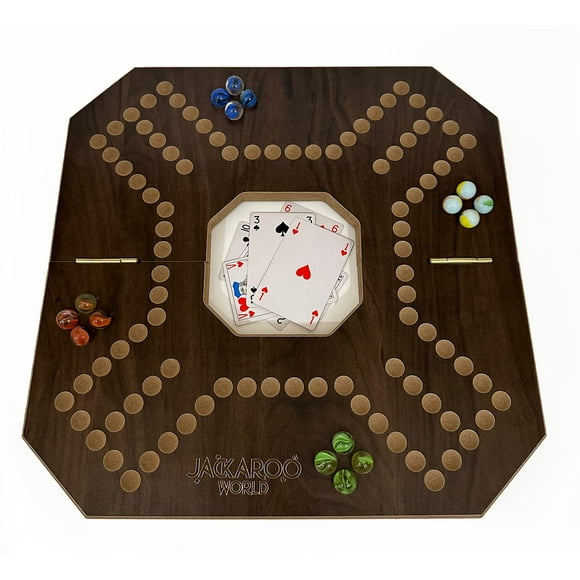 Jackaroo Board Game - 2-4 Player Cards and Marbles Board Game - Marble Chase Game - Carbles Game with Cards - Jokers and Marbles Game - Wahoo Wooden Board Foldable and O