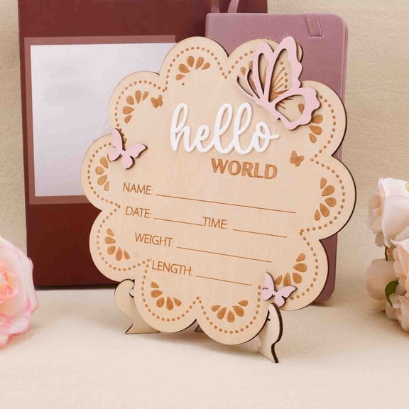 Hello, World Wooden Baby Birth Announcement Sign with Pink Butterfly, Flower Shape Floral Newborn Name Date Time Weight Length Board, Baby Nursery Photo Prop