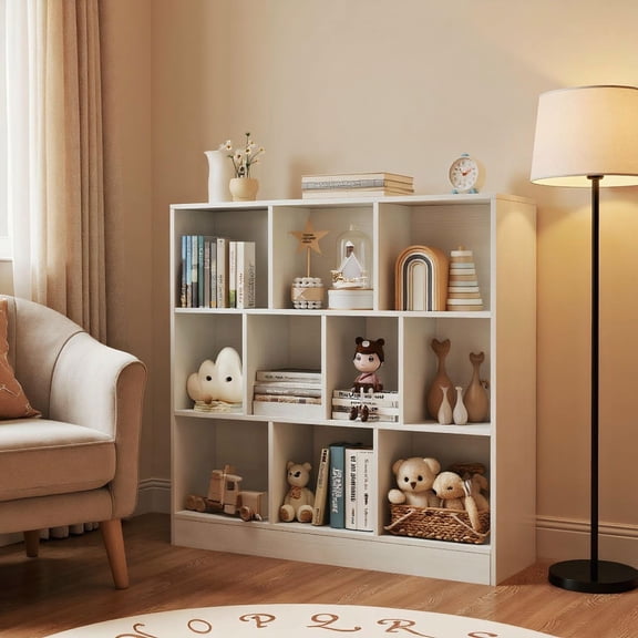 Barara King Kids Storage Unit Bookshelf,Toy Storage Organizer,41 inches Wooden Toy Storage Organizer with 10 Cubes for Kids-White