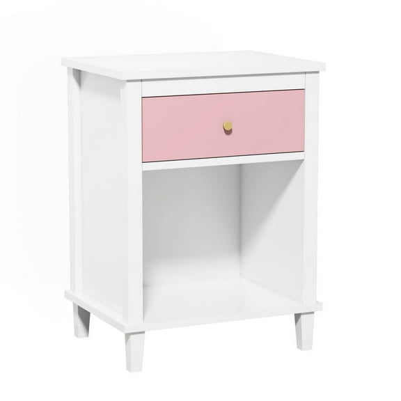 IVV Wooden Nightstand with 1 Drawer and Open Shelf, Storage Bedside Table for Bedroom or Living Room, 19.7"L x 15"W x 26.8"H, White Pink