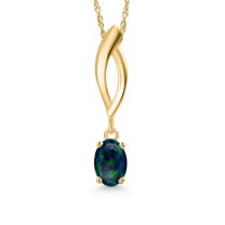 Gem Stone King 10K Yellow Gold Simulated Green Opal Pendant Necklace for Women | 0.50 Cttw | Gemstone October Birthstone | Oval Cabochon 6X4MM | With 18 inch Chain