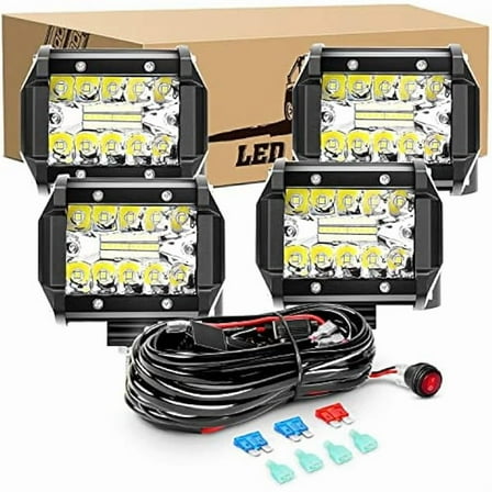 Waywe 4PCS 60W 4 Inch Triple Row LED Pods Flood Light Bar Fog Light Driving Lighting with 16AWG Off Road Wiring Harness-4 Leads for Truck Golf Cart SUV ATV UTV Boat, Clear,White