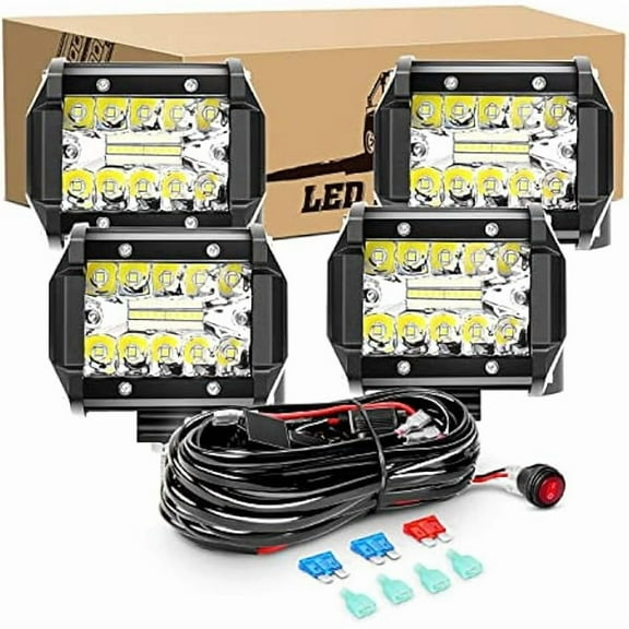 Waywe 4PCS 60W 4 Inch Triple Row LED Pods Flood Light Bar Fog Light Driving Lighting with 16AWG Off Road Wiring Harness-4 Leads for Truck Golf Cart SUV ATV UTV Boat, Clear,White