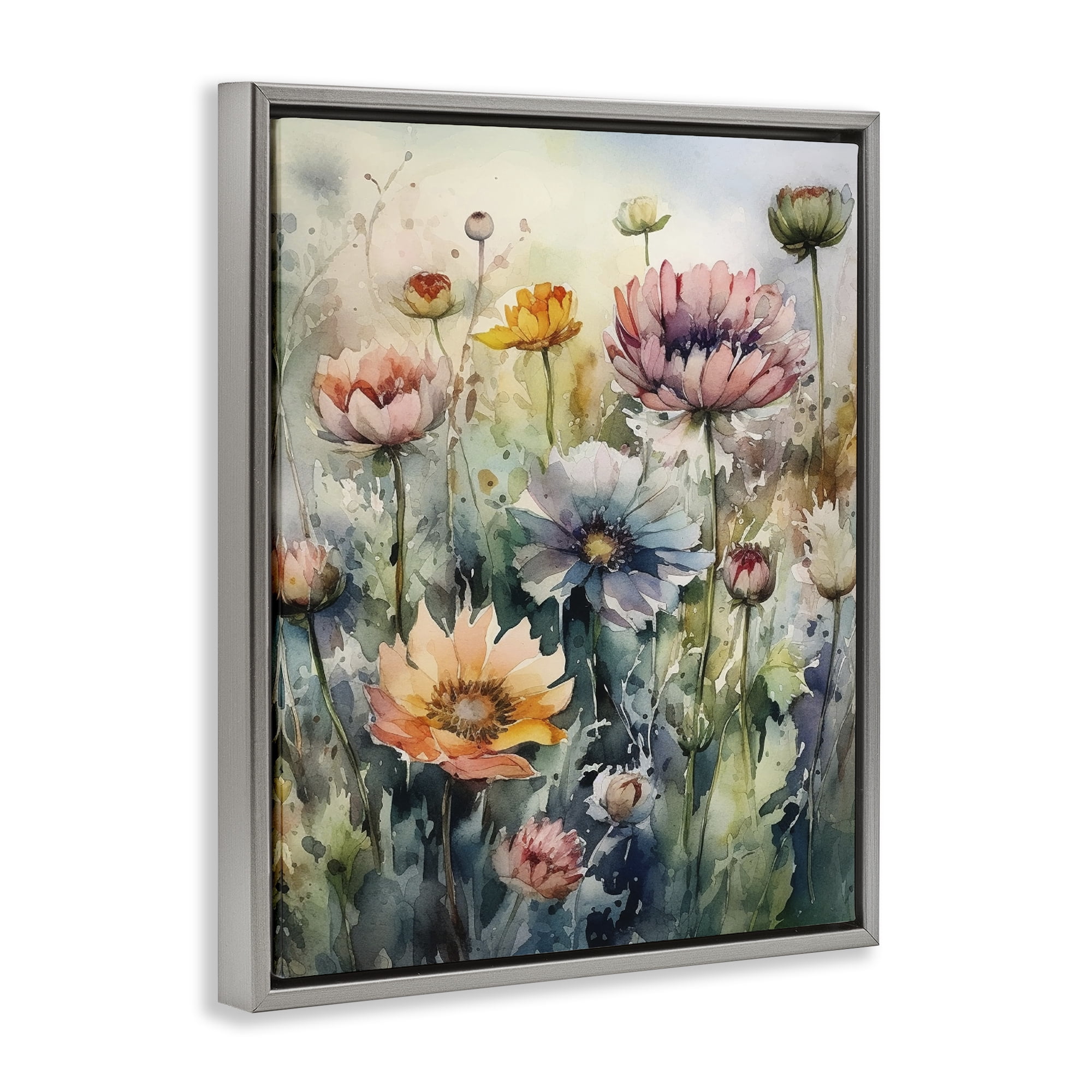 Stupell Industries Wild Gerbera Daisies Plants & Flowers Painting Gray Floater Framed Canvas Art Print Wall Art, 17 x 21