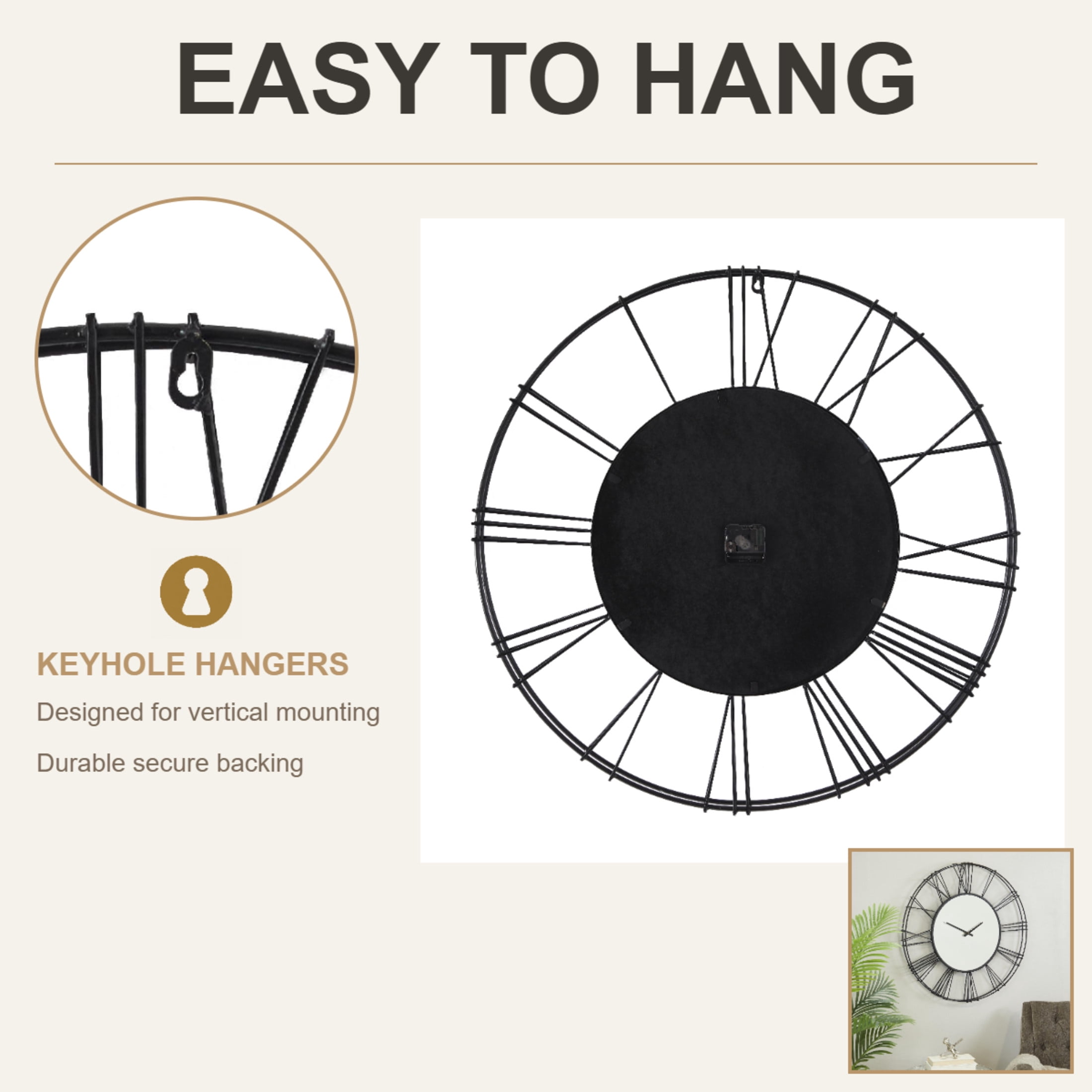 DecMode 30" Black Metal Open Frame Wall Clock with Center Mirror