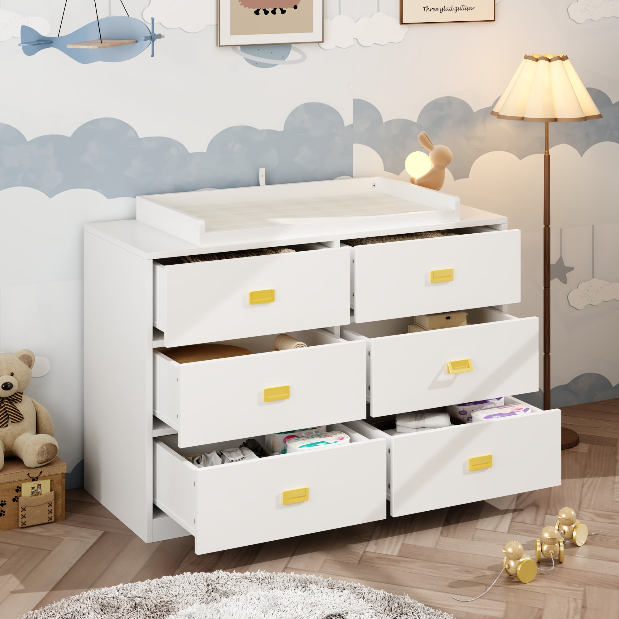 OxyLife White Dresser Changing Table, Baby Nursery Station-Infant & Toddler, 6-Drawer, 1 Pack