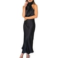 thumbnail image 2 of Women'S 2025 Summer Satin Dress Elegant Sleeveless Mock Neck Cocktail Party Maxi Dresses Black XL, 2 of 9