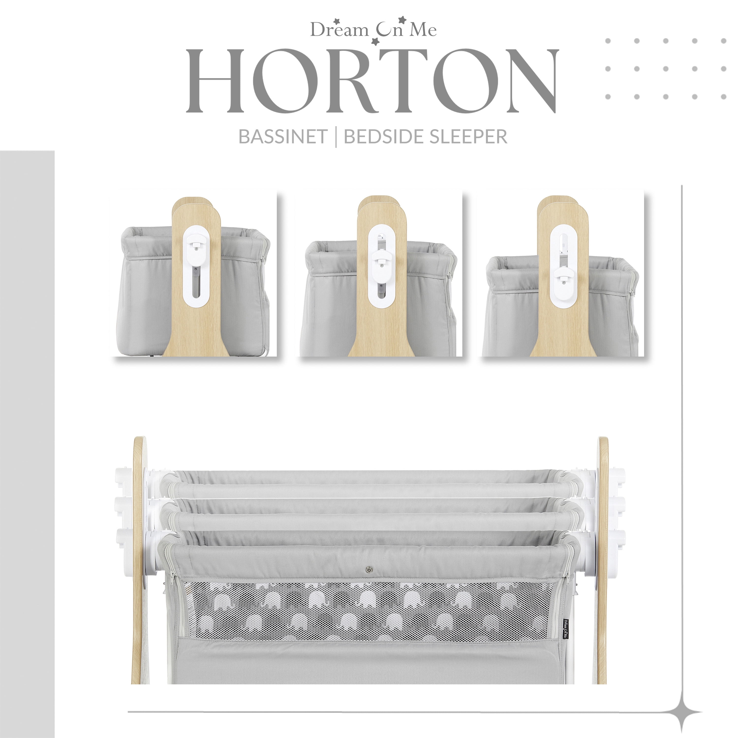 Dream On Me Horton Bassinet and Bedside Sleeper for Newborn In Gray, Large Storage Area