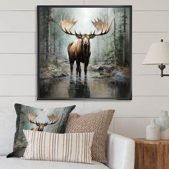 Designart "Mystic Moose in the Forest II" Animals Framed Wall Art - Grey Moose Entryway Framed Wall Art Print