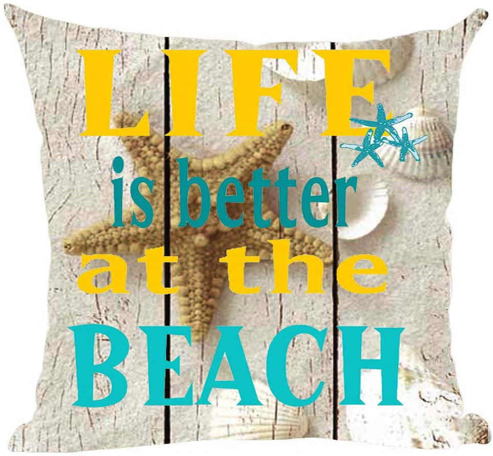 Ramirar Retro Blue Word Art Quote Life is Better at The Beach Summer Inspirational Decorative Throw Pillow Cover Case Cushion Home Living Room Bed Sofa Car Cotton Linen Square 18 x 18 Inches