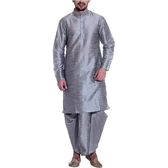 Royal Men's Silver Silk Blend Dhoti Kurta