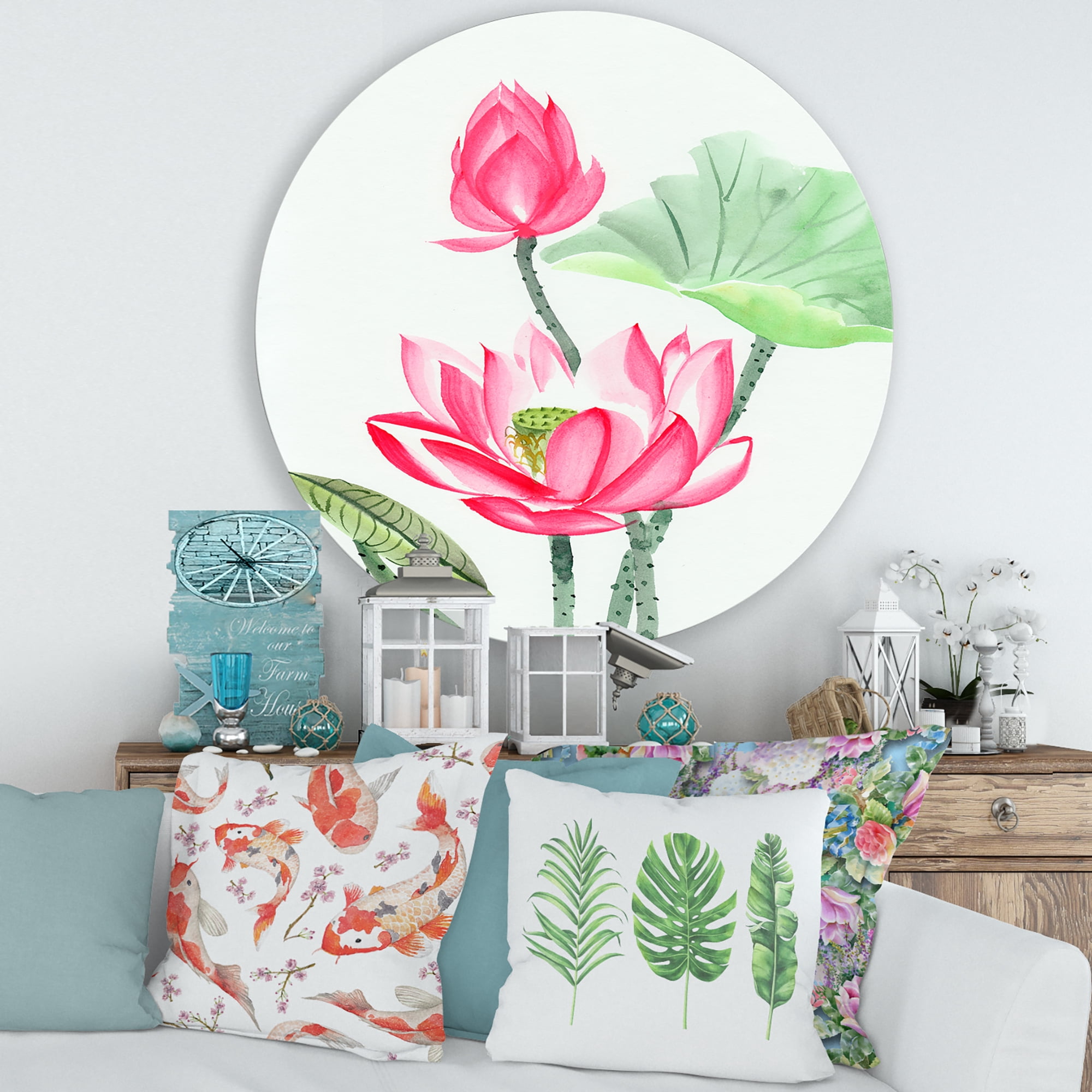 Designart 'Ancient Pink Lotus Flower' Traditional Circle Metal Wall Art 36x36 - Disc of 36