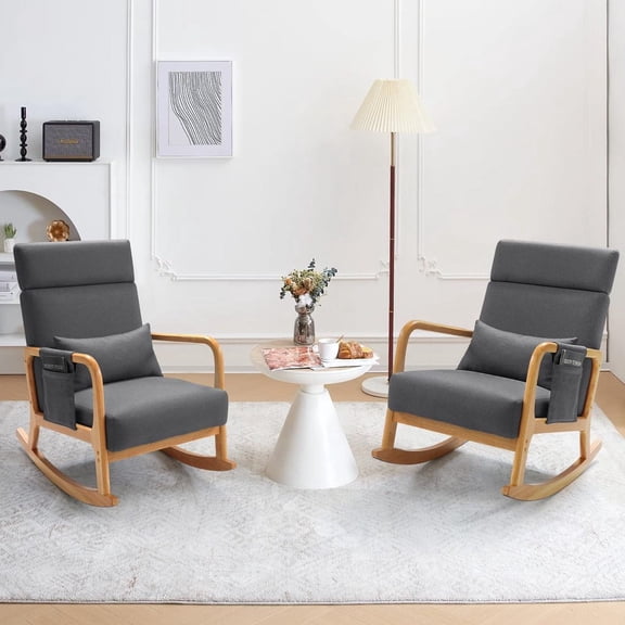 Solid Wood Rocking Chair, Nursery Upholstered Glider Rocker, Rocking Accent Chair with High Backrest, Pillow and Magazine Side Pocket for Living Room Bedroom Study(Set of 2, Grey)