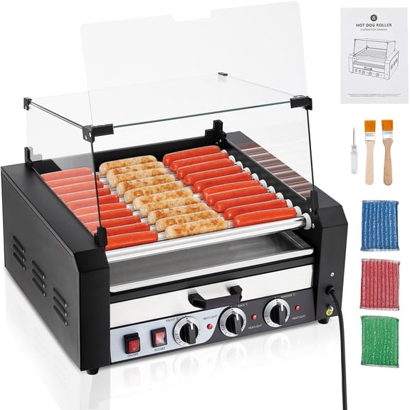 Accreate Commercial Hot Dog Roller Machine, 11 Rollers For 30 Hot Dogs, 1950w, Removable Drip Tray, Glass Cover, Dual Temp Control