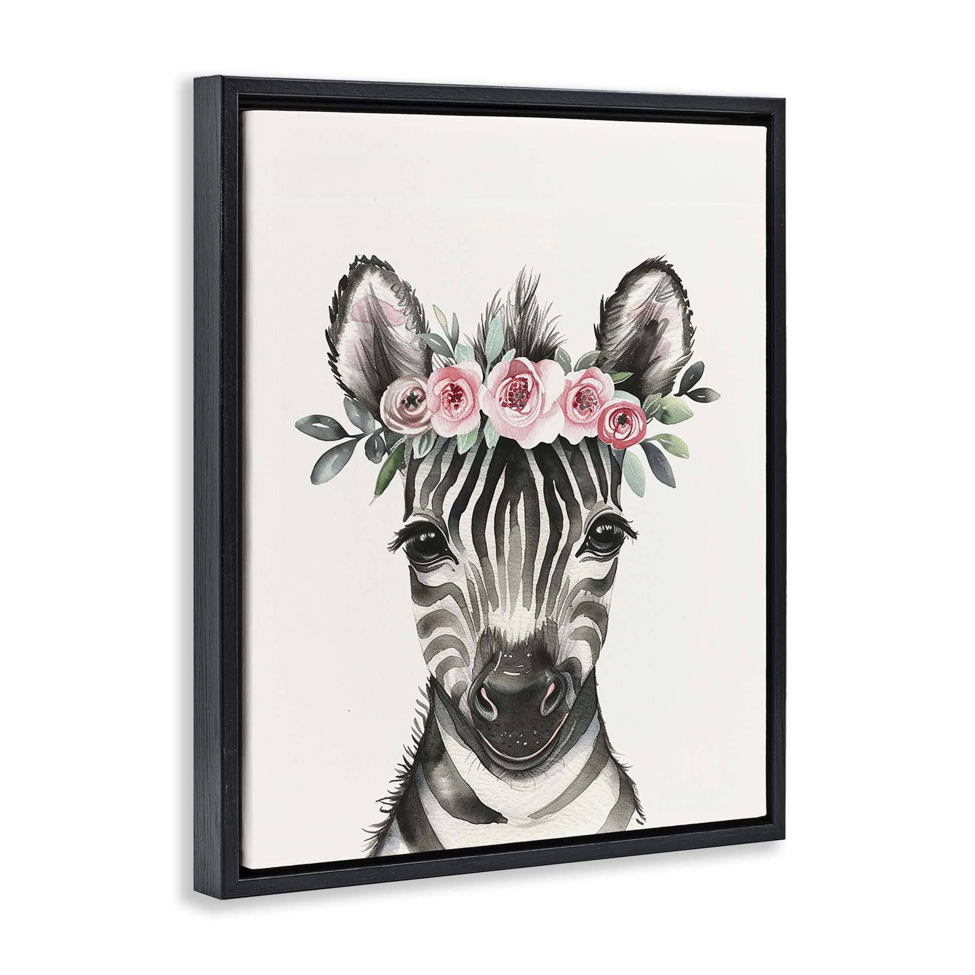 Stupell Industries Nursery Floral Zebra Animals Painting Black Floater Framed Canvas Art Print Wall Art, 25 x 31