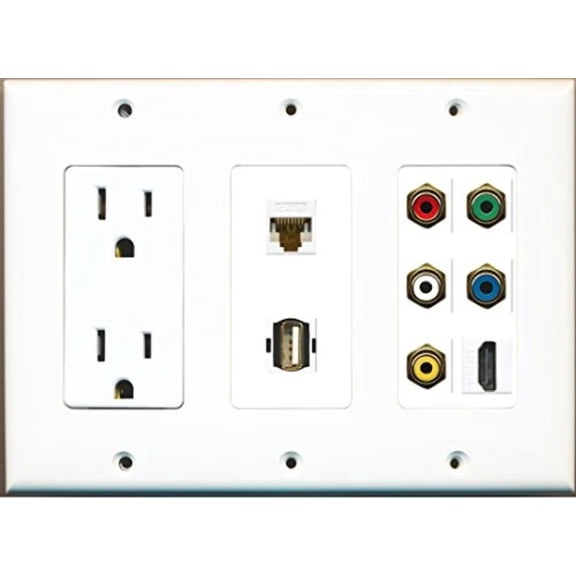 RiteAV 15A 125V Power Outlet HDMI Cat6 Component Video RCA USB Wall Plate 3 Gang