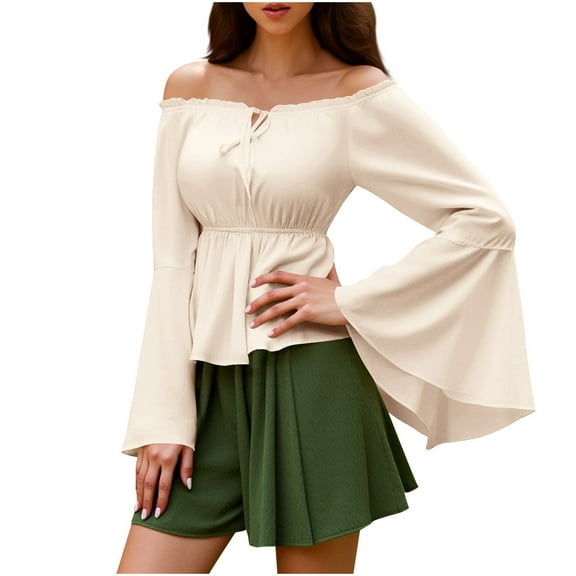 Holzkary Women's Renaissance Shirt Ruffle Sleeve Off The Shoulder Peplum Blouse Peasant Dressy Top Ladies' Court Comfortable Casual Long Sleeved One Shoulder Solid Color Top Strapless Top Beige L