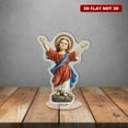 thumbnail image 5 of Rotating acrylic figurine of hand-painted baby Jesus statue with halo wearing a red tunic and blue sash holding arms up against a white background, 5 of 8