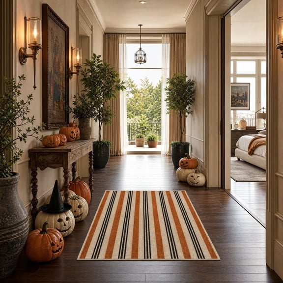 Zynviq Halloween Area Rugs 23.6" X 15.7" Stripes Throw Rug Polyester Washable Multicolor Rectangular Small Rug for Kitchen