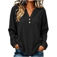 thumbnail image 2 of Long Sleeve Cotton Shirts Tops Women Fashion V Neck Button Solid Color Long Sleeve Pullover Top Black Xl, 2 of 6