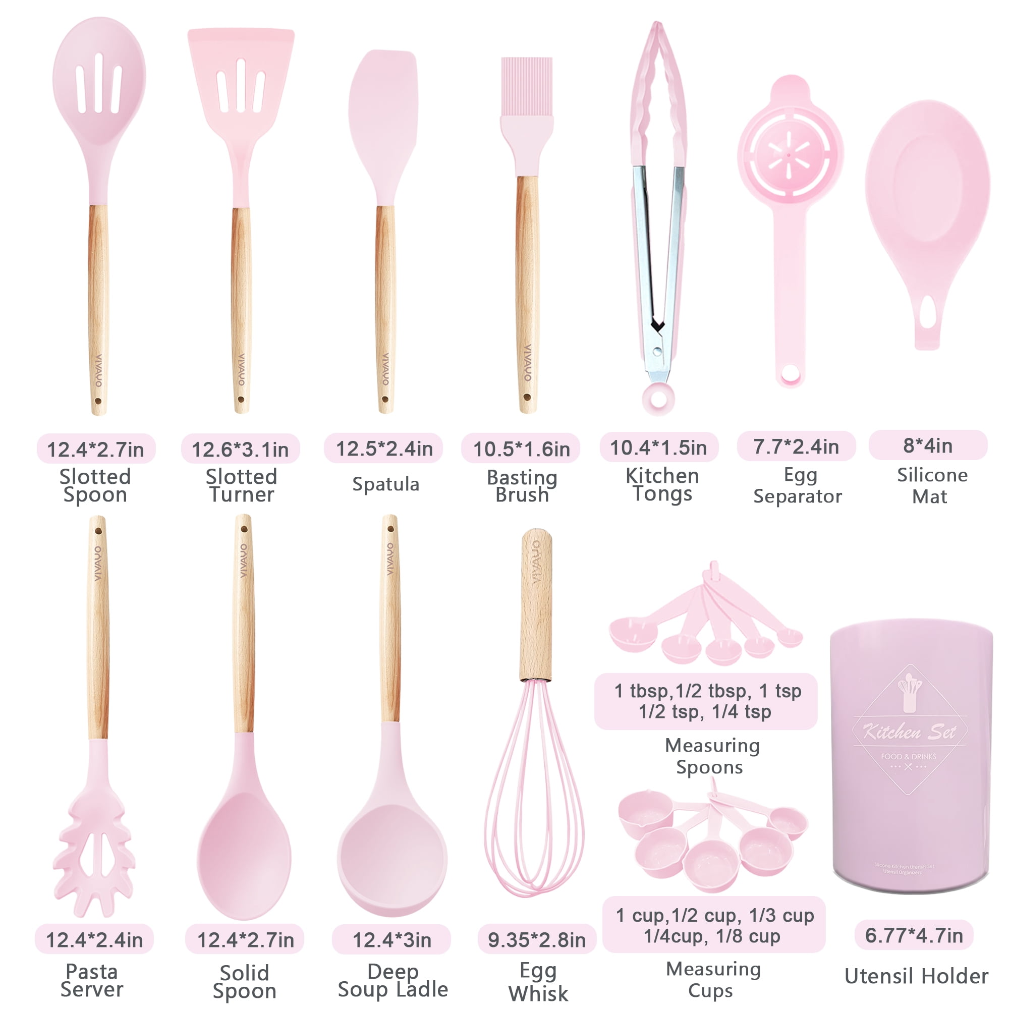 VIVAYO Kitchen Utensils Set, 32 Pcs Non-Stick Silicone Cooking Utensil Spatula Set with Holder, Wooden Handle Heat Resistance Silicon Kitchen Set with Ladle Whisk, Tongs, Measuring Cups, Spoons, Pink