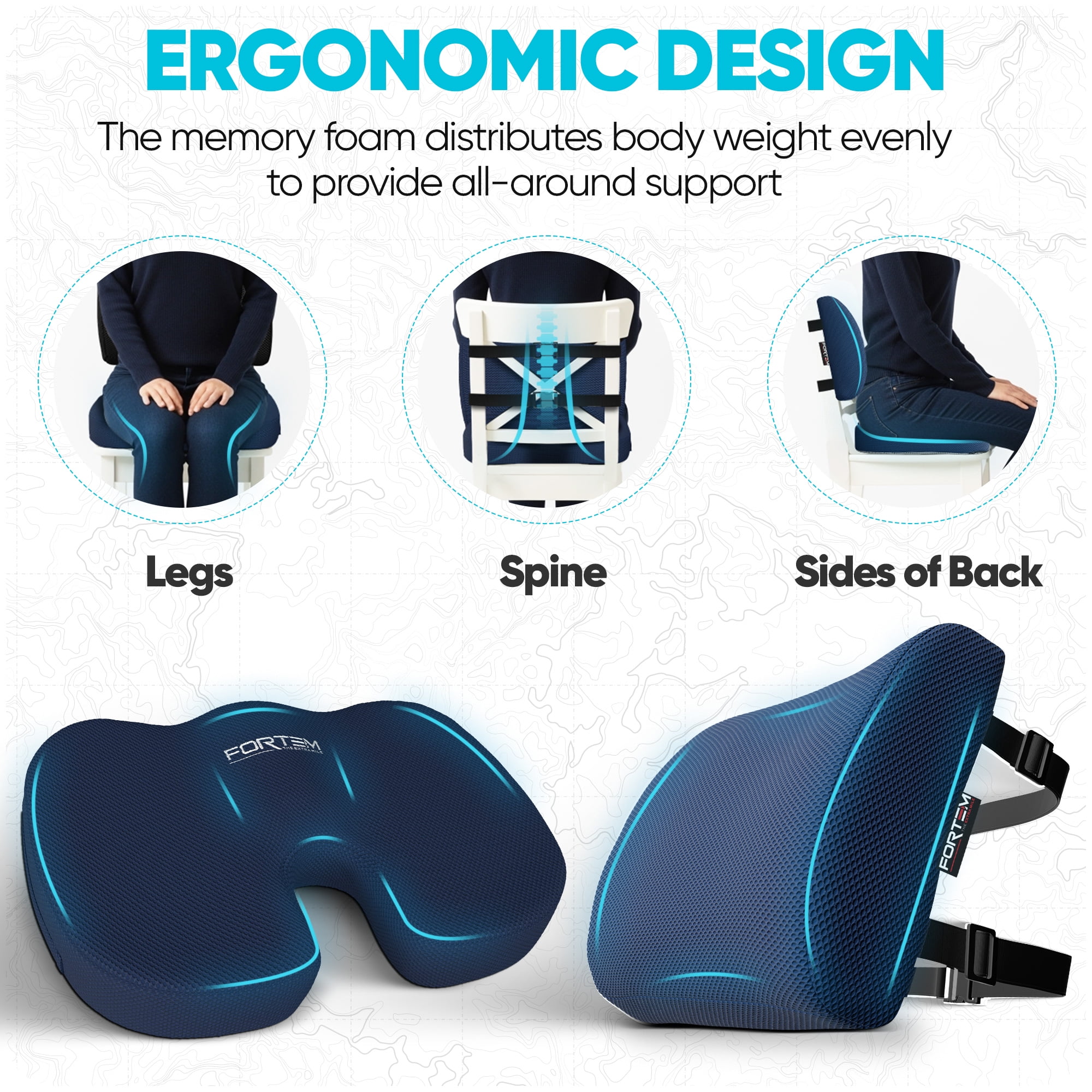 FORTEM Seat Cushion, Office Chair Cushion, Lumbar Support Pillow for Office Chair, Memory Foam Car Seat Cushions, Sciatica Coccyx Tailbone Pain Relief, Cushions for Back Support, Washable, Non Slip