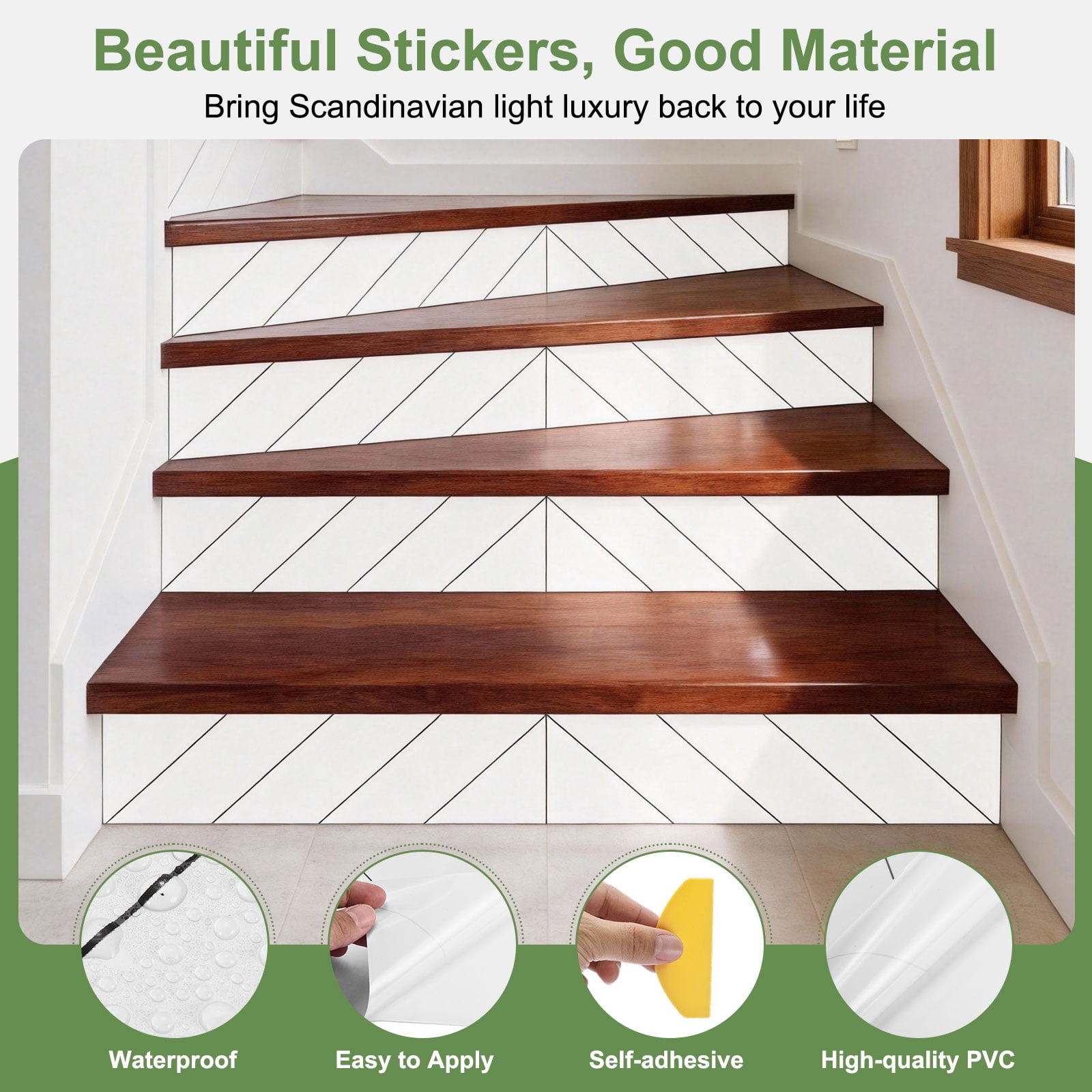 Uxcell 6 Strips Peel and Stick Stair Riser Stickers, 39.37"x7.09" Self-Adhesive Vinyl Scandinavian Stair Covers Riser Decals with Scraper for Stairway Steps, Grey Herringbone