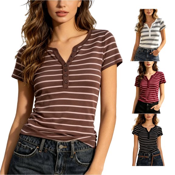 ZHOGXU Womens Summer T Shirt Short Sleeve V Neck Button Front Striped Print Lightweight Stylish Slim Fit Tee Top For Everyday Wear,Coffee,L