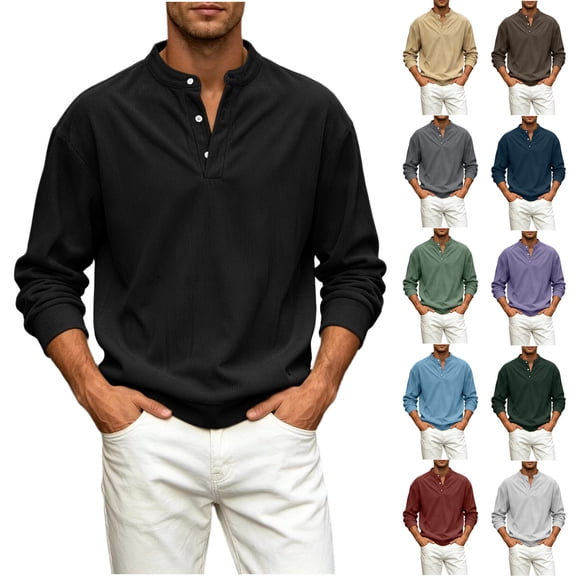 Daiosportswear Men's Casual Henley Shirts Collarless Roll-Up Long Sleeve Button Down Waffle T Shirt White XL