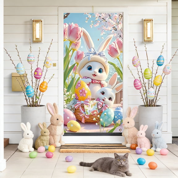 ZhyrZng Whimsical Easter Door Curtain, Full Size Holiday Porch Banner 70.9x35.4in featuring Easy Installation for Indoor Office Entryway & Classroom Wall Background Display