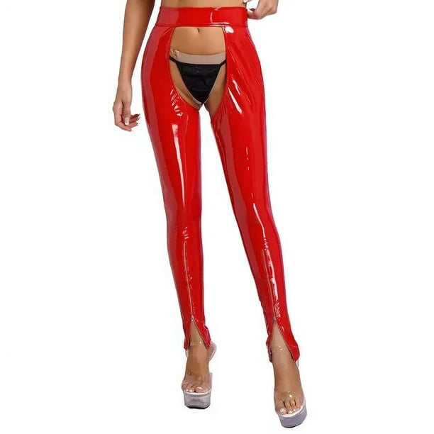 Women's Wetlook Leggings PU Leather Trousers Open Crotch Butt Lingerie  Tights Long Pants Sexy Lingerie Night Clubwear Rave Party 