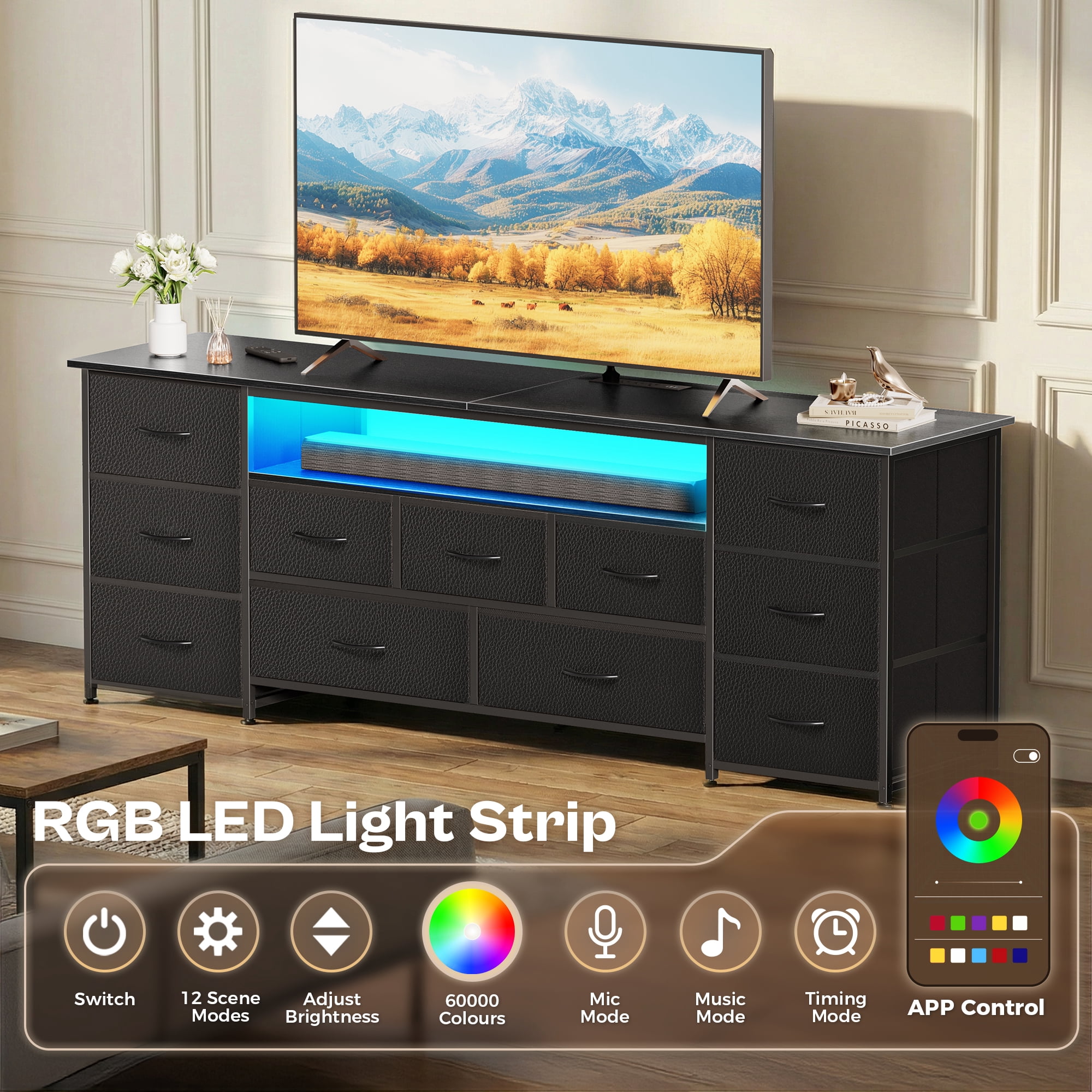 Amadwell Large TV Stand for 65, 70 Inch TVs, 11 Drawer Long Dresser with Power Outlets & LED Lights, 63 inch Entertainment Center