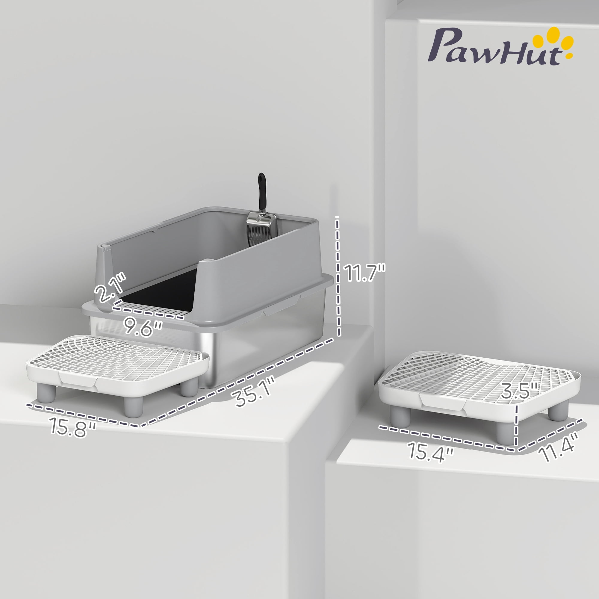 PawHut Extra Large Stainless Steel Cat Litter Box High Sided, Anti-Urine Leakage, Easy Cleaning, Non-Sticky,  Never Absorbs Odors, Include Scoop & Pad