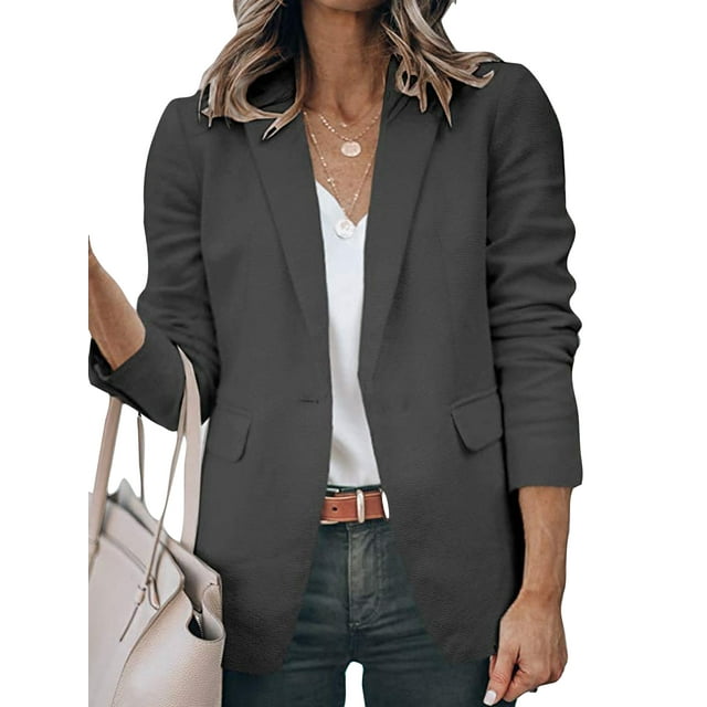 Innerwin Blazers Solid Color Women Cardigan Jacket Work Shawl Neck Slim Fit Business Jackets Dark Gray 4XL