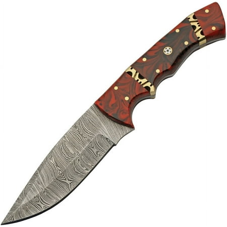 SZCO DM-1366 Rodeo 4.75 Damascus Blade Black/Red Handle Fixed Knife
