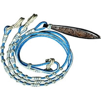 Western Horse Tack – 8.5 Ft Sky Blue Romal Reins with Natural/Black Knots & Two-Tone Carved Leather Popper, 56" Romel